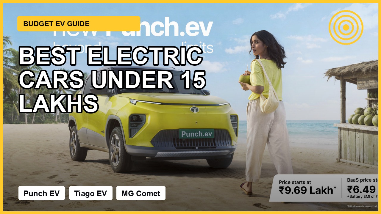 Best Electric Cars Under 15 Lakhs buyer guide thumbnail with official Tata Punch EV image