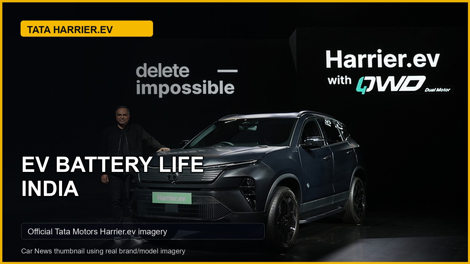 EV Battery Life India thumbnail using real Tata Harrier.ev vehicle imagery