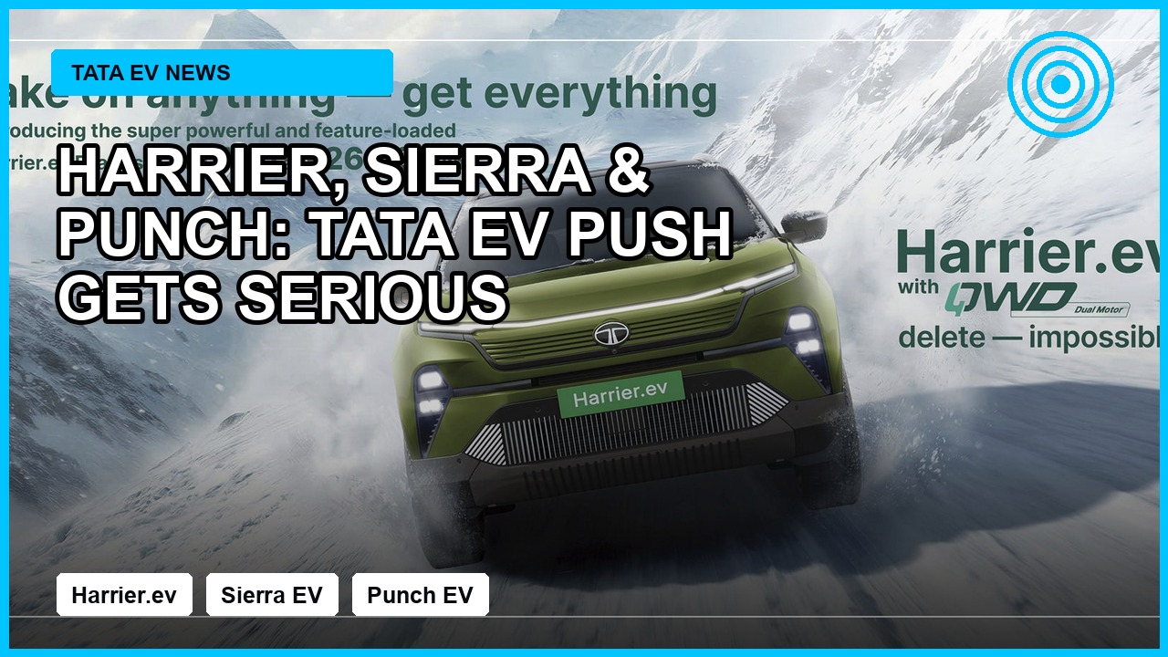 Tata EV News thumbnail showing Harrier EV with Sierra EV and Punch EV headline